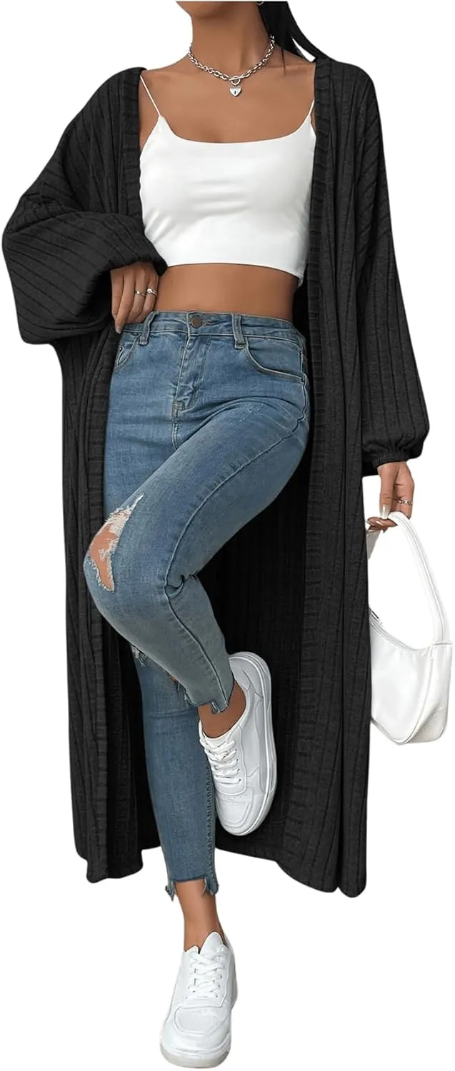 MakeMeChic Women's Casual Solid Long Sleeve Open Front Cardigans Rib Knitted Long Coat