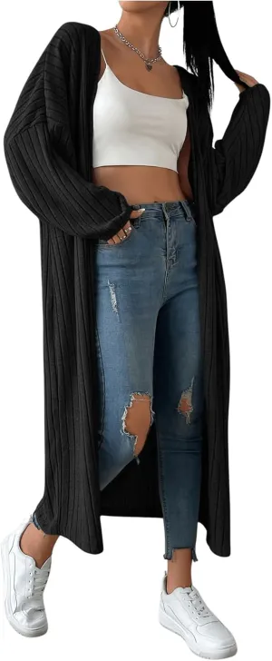 MakeMeChic Women's Casual Solid Long Sleeve Open Front Cardigans Rib Knitted Long Coat