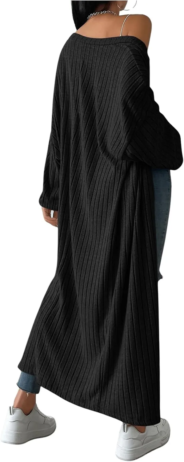 MakeMeChic Women's Casual Solid Long Sleeve Open Front Cardigans Rib Knitted Long Coat