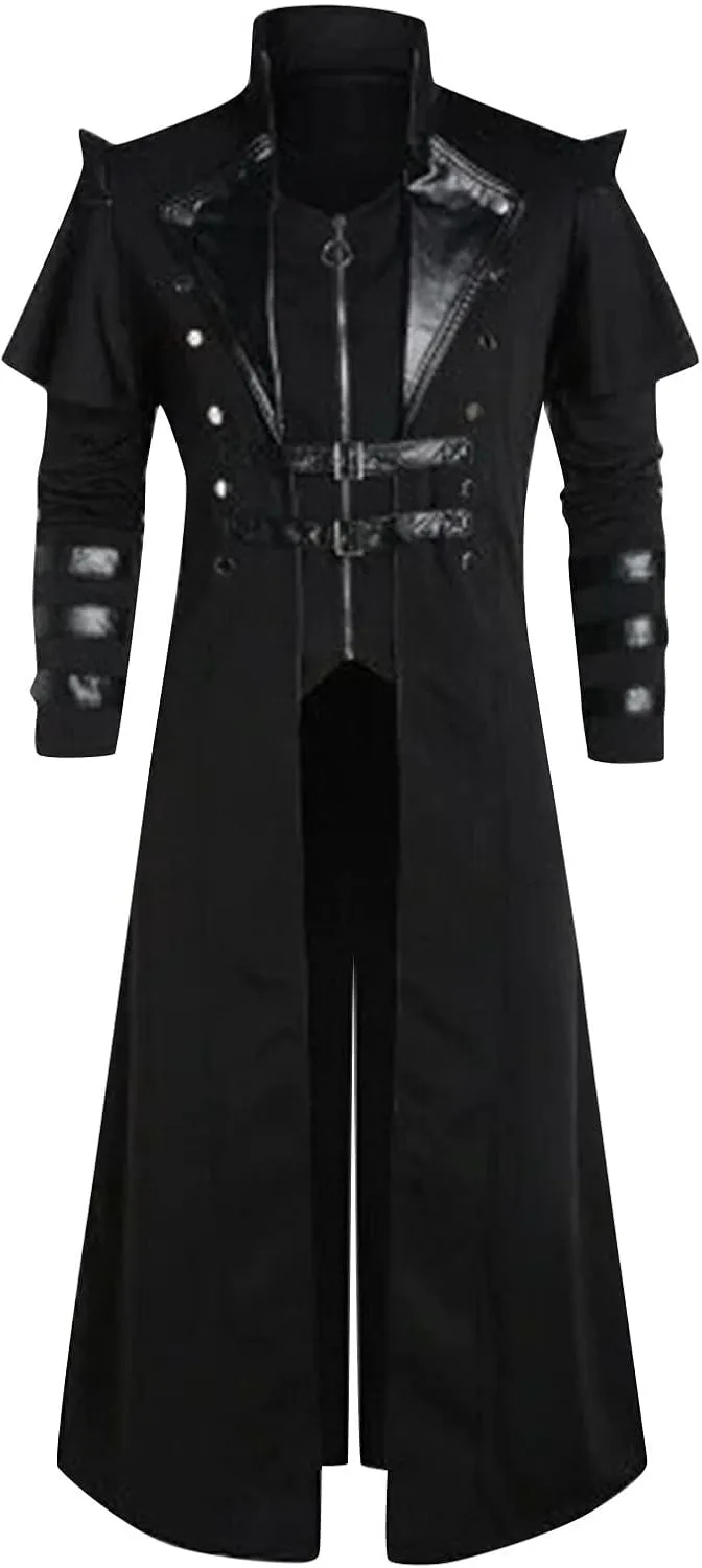 Mans Steampunk Trench Coat Medieval Victorian Gothic Stand Collar Long Coat Tailcoat Jacket Oversized Jackets