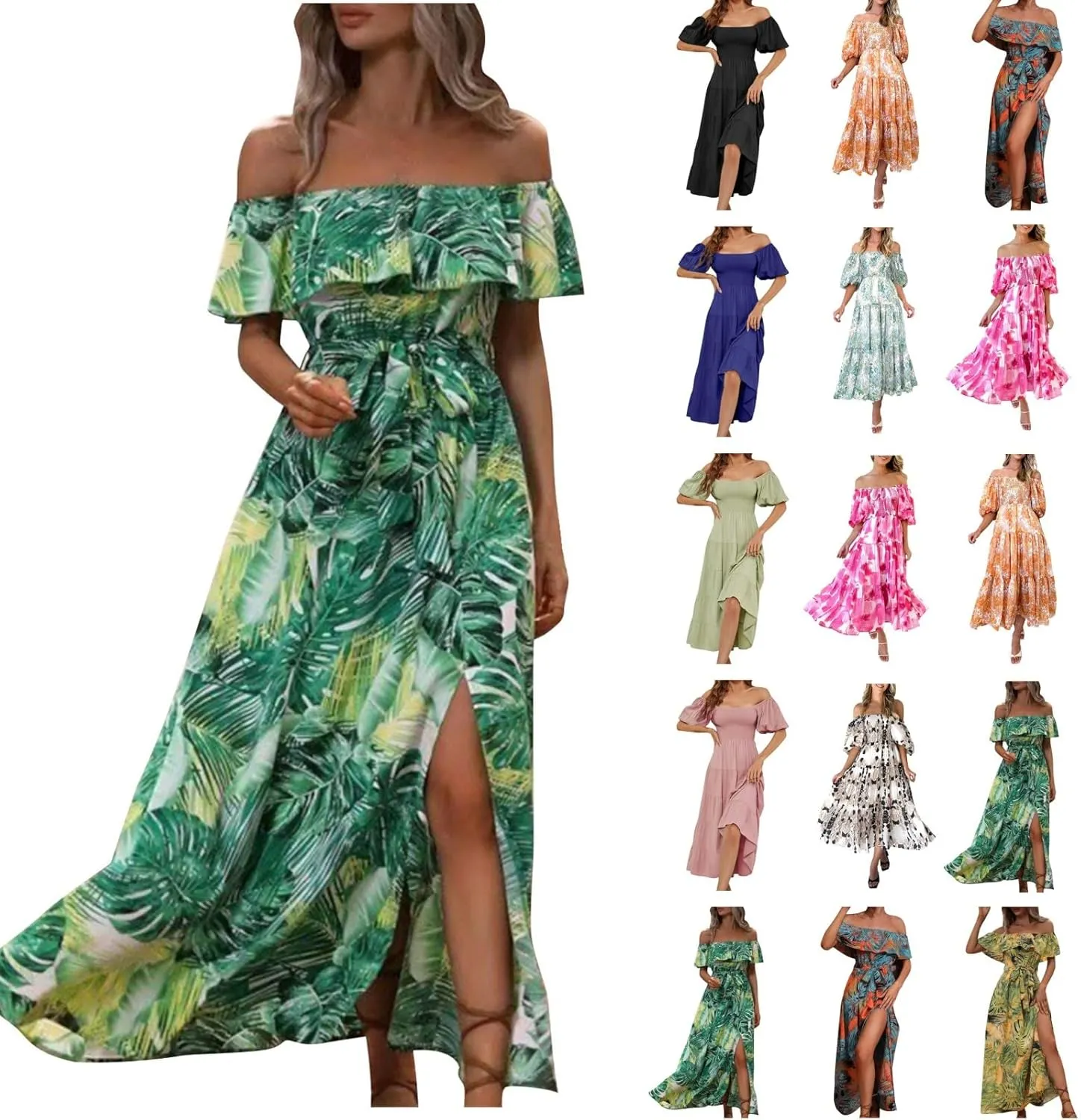 Maxi Dresses for Women 2024 Summer Boho Dress Sexy Off The Shoulder Dresses Flowy Long Sundress Vacation Dress, Small