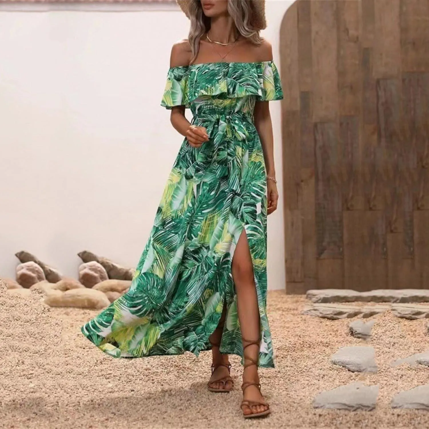 Maxi Dresses for Women 2024 Summer Boho Dress Sexy Off The Shoulder Dresses Flowy Long Sundress Vacation Dress, Small