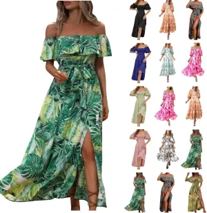 Maxi Dresses for Women 2024 Summer Boho Dress Sexy Off The Shoulder Dresses Flowy Long Sundress Vacation Dress, Small