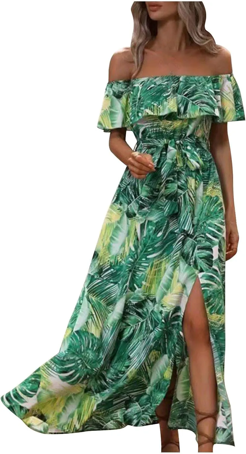 Maxi Dresses for Women 2024 Summer Boho Dress Sexy Off The Shoulder Dresses Flowy Long Sundress Vacation Dress, Small