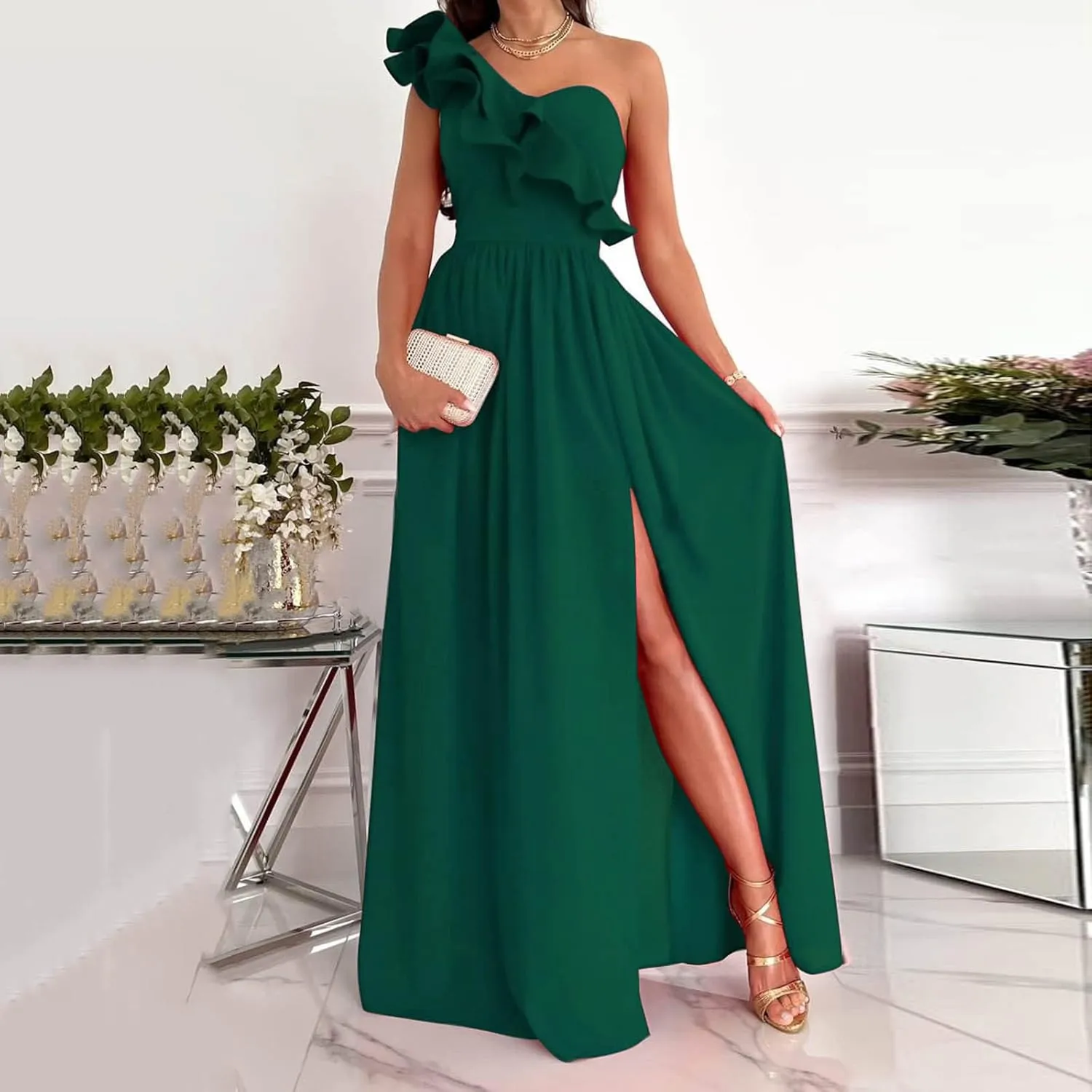 Maxi Dresses for Women One The Shoulder Dress Flowy Long Dresses Sexy Split Party Dress Trendy Ruffle Sundresses