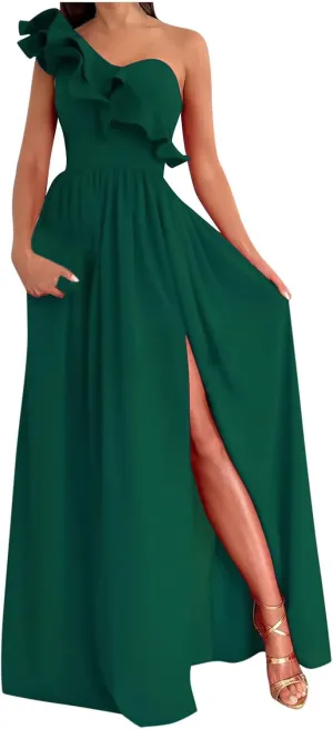 Maxi Dresses for Women One The Shoulder Dress Flowy Long Dresses Sexy Split Party Dress Trendy Ruffle Sundresses