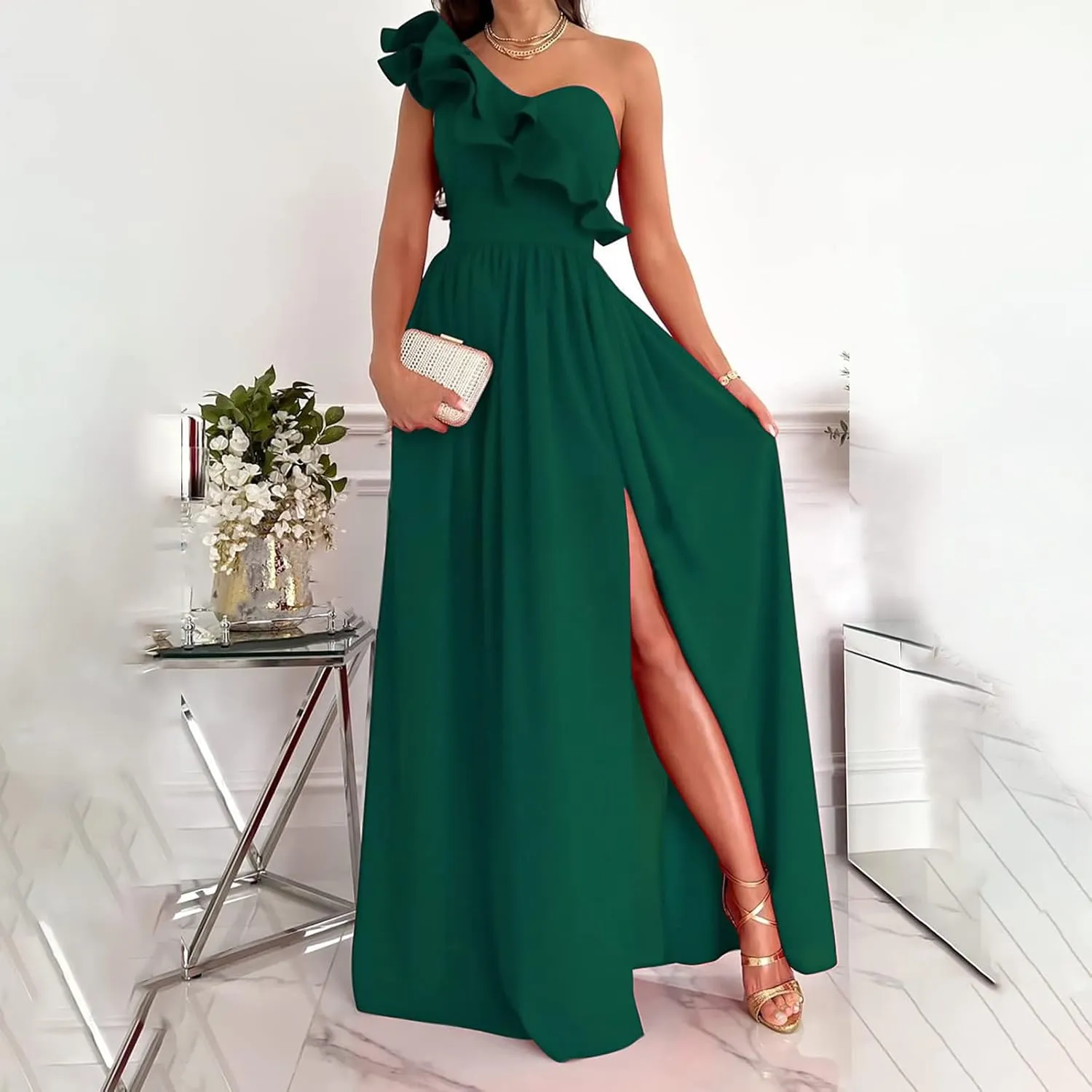 Maxi Dresses for Women One The Shoulder Dress Flowy Long Dresses Sexy Split Party Dress Trendy Ruffle Sundresses