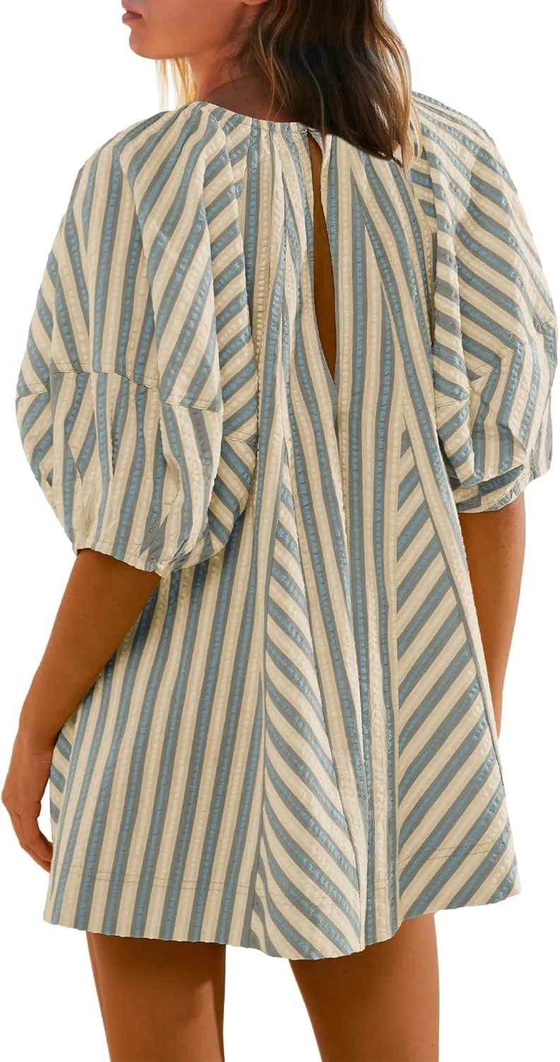 Melliflo Womens Summer Plus Size Romper Dress Casual Puff Short Sleeve Striped Jumpsuit Beach Vacation Mini Babydoll Sundress