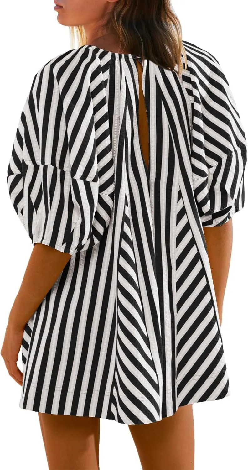 Melliflo Womens Summer Plus Size Romper Dress Casual Puff Short Sleeve Striped Jumpsuit Beach Vacation Mini Babydoll Sundress