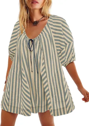Melliflo Womens Summer Plus Size Romper Dress Casual Puff Short Sleeve Striped Jumpsuit Beach Vacation Mini Babydoll Sundress