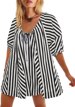 Melliflo Womens Summer Plus Size Romper Dress Casual Puff Short Sleeve Striped Jumpsuit Beach Vacation Mini Babydoll Sundress
