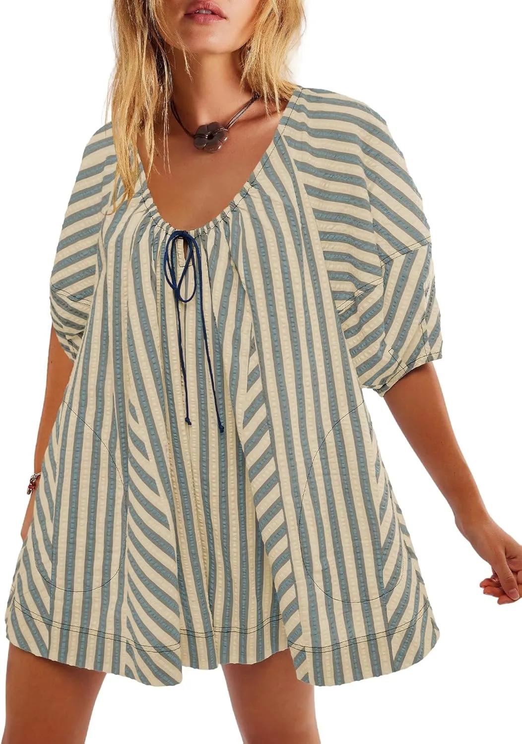 Melliflo Womens Summer Plus Size Romper Dress Casual Puff Short Sleeve Striped Jumpsuit Beach Vacation Mini Babydoll Sundress