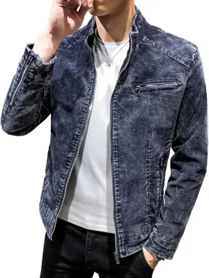 Men's Banded Collar Denim Jacket Distressed Moto Button Down Denim Shirt Full Zip Long Sleeve Winter Jacket