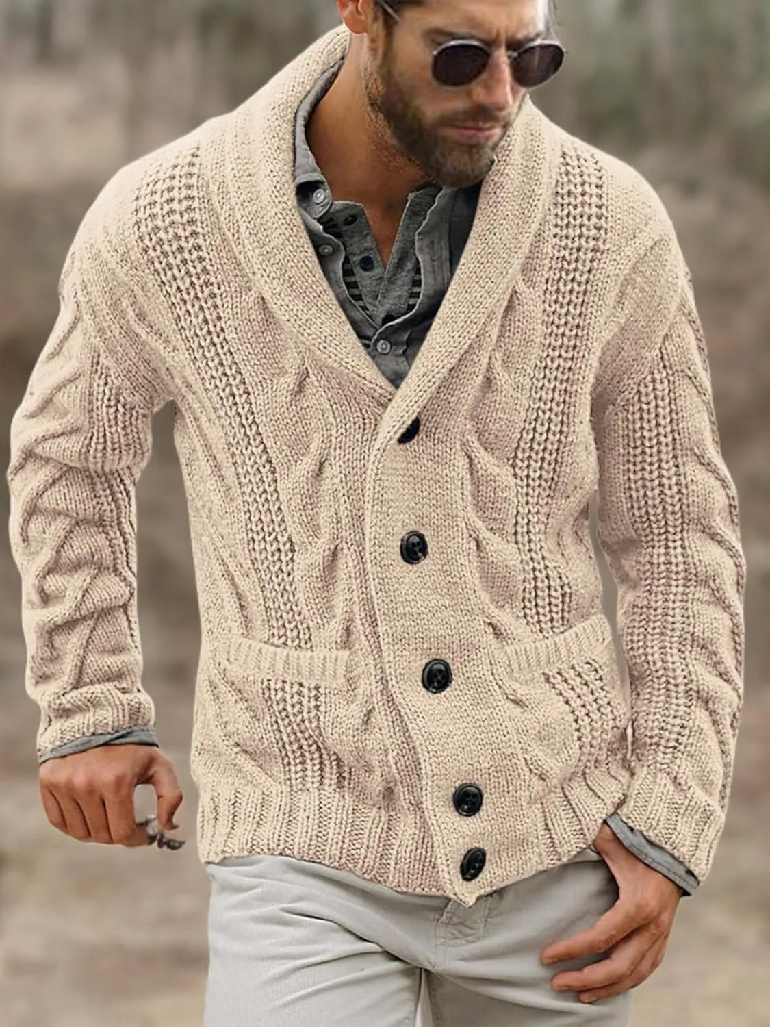 Mens Cable Knit Cardigan Sweater Shawl Collar Loose Fit Long Sleeve Casual Cardigans