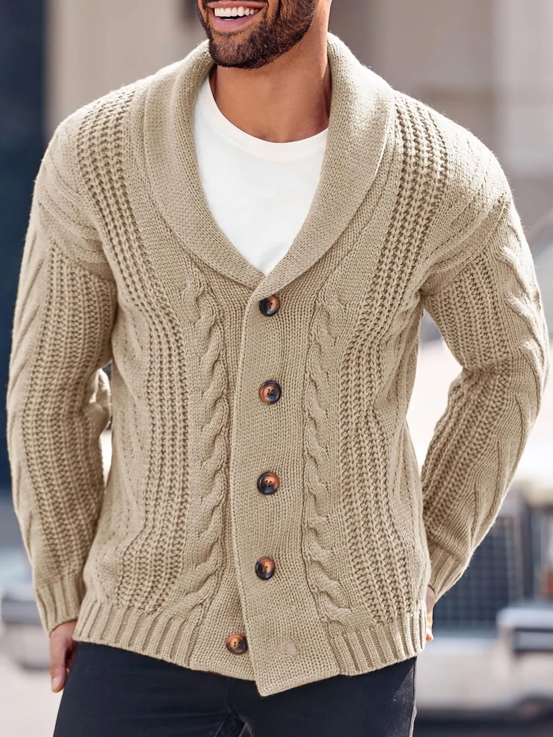 Mens Cable Knit Cardigan Sweater Shawl Collar Loose Fit Long Sleeve Casual Cardigans