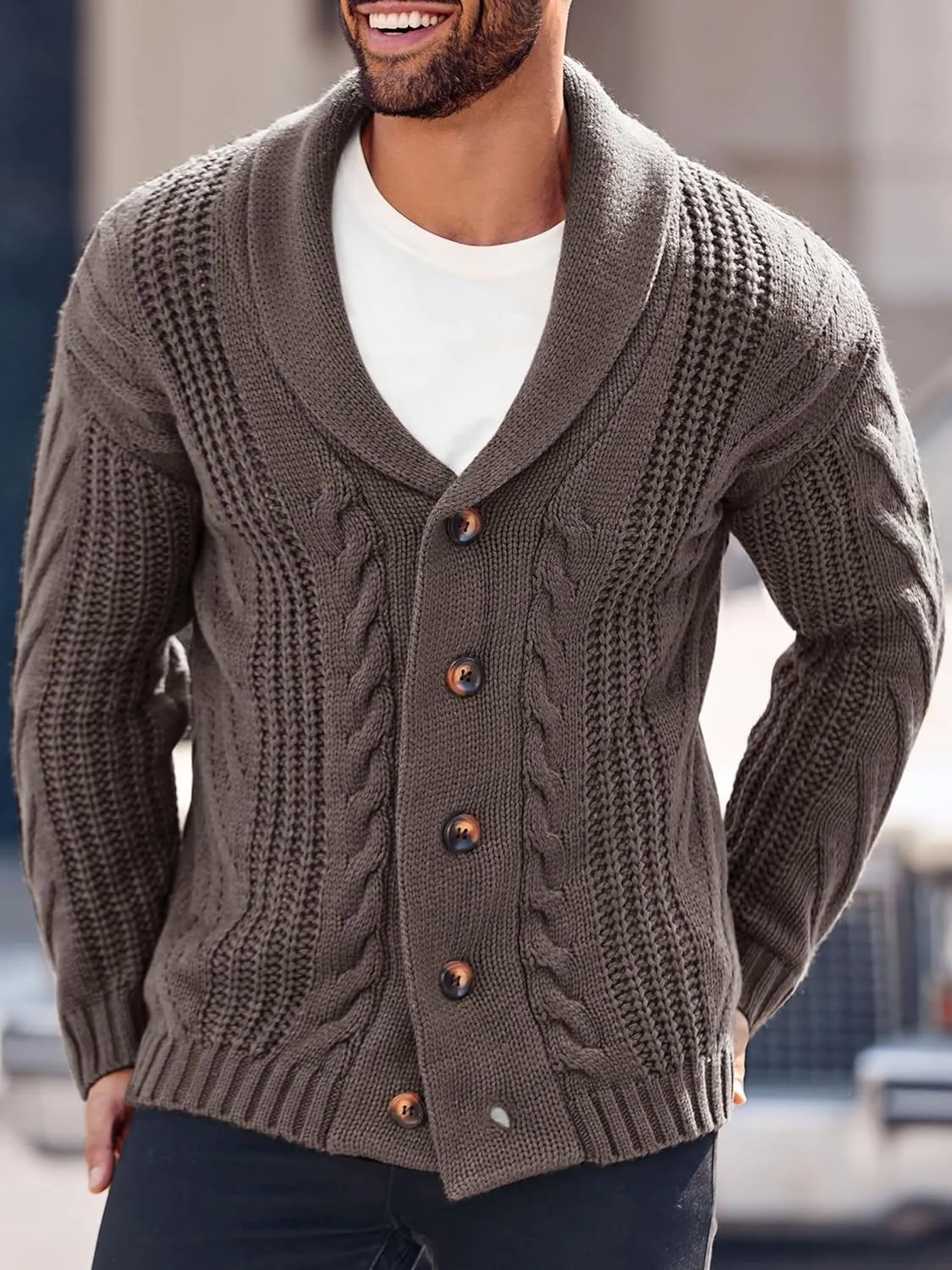 Mens Cable Knit Cardigan Sweater Shawl Collar Loose Fit Long Sleeve Casual Cardigans