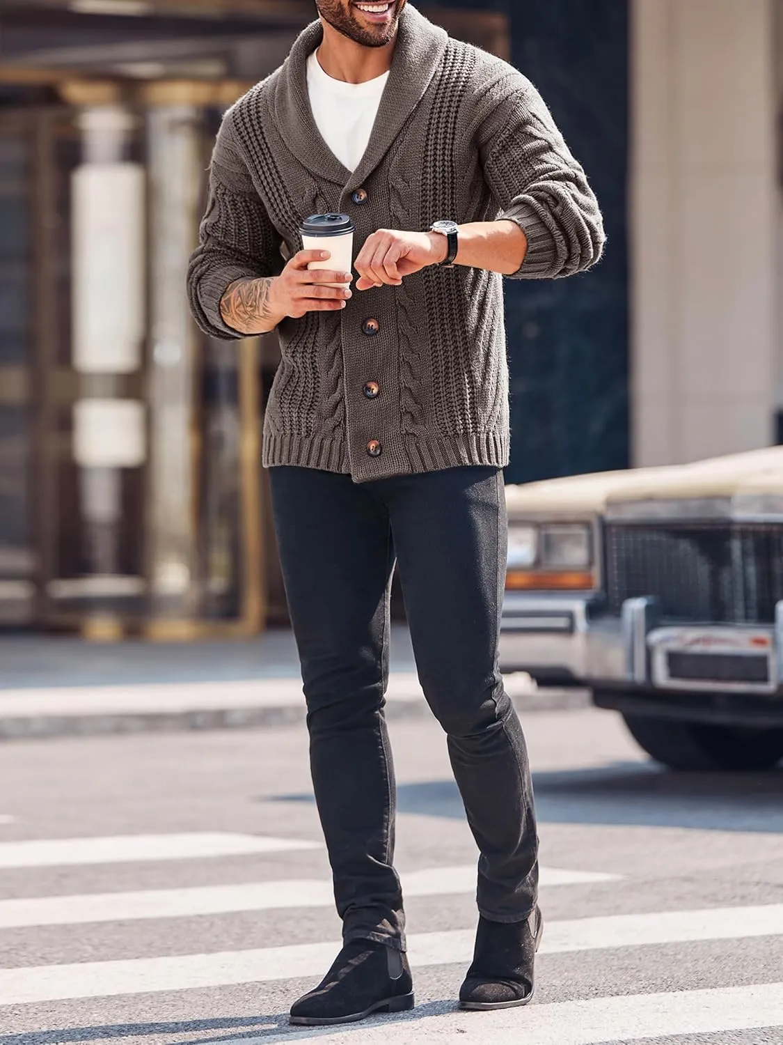 Mens Cable Knit Cardigan Sweater Shawl Collar Loose Fit Long Sleeve Casual Cardigans
