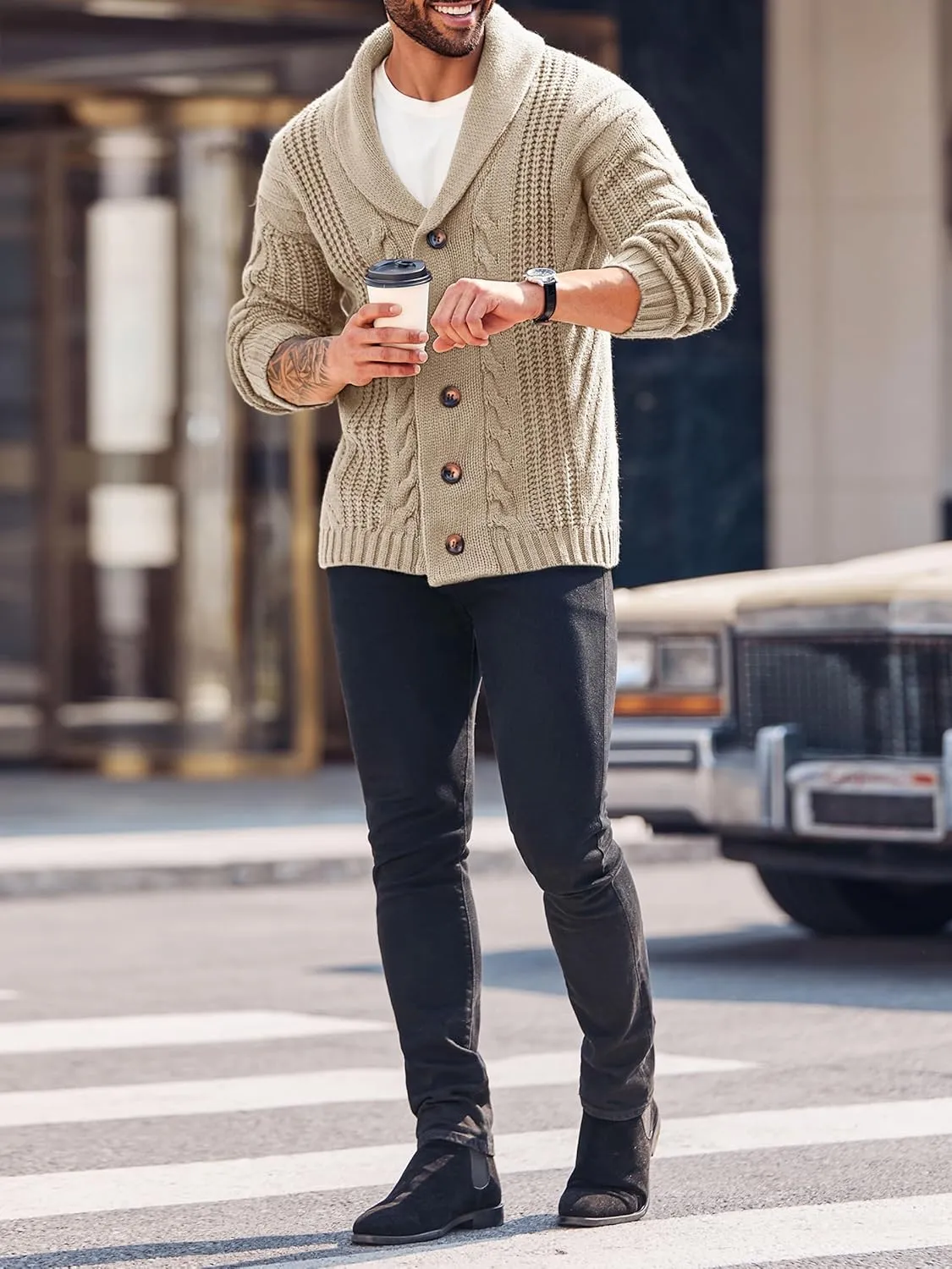 Mens Cable Knit Cardigan Sweater Shawl Collar Loose Fit Long Sleeve Casual Cardigans