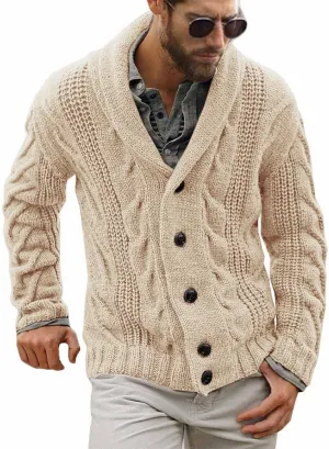 Mens Cable Knit Cardigan Sweater Shawl Collar Loose Fit Long Sleeve Casual Cardigans