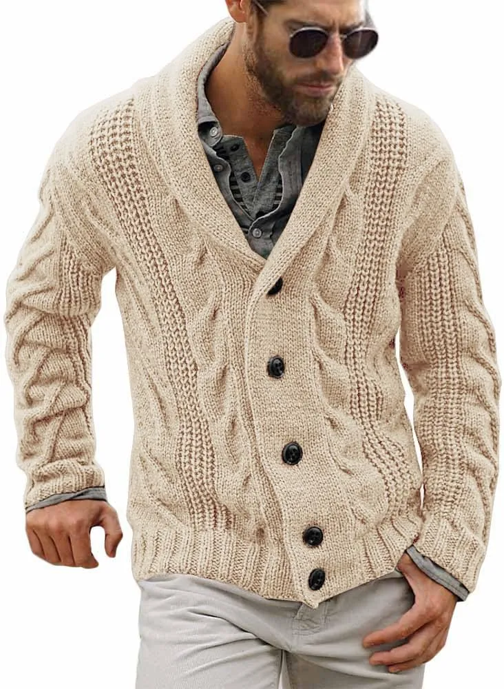 Mens Cable Knit Cardigan Sweater Shawl Collar Loose Fit Long Sleeve Casual Cardigans