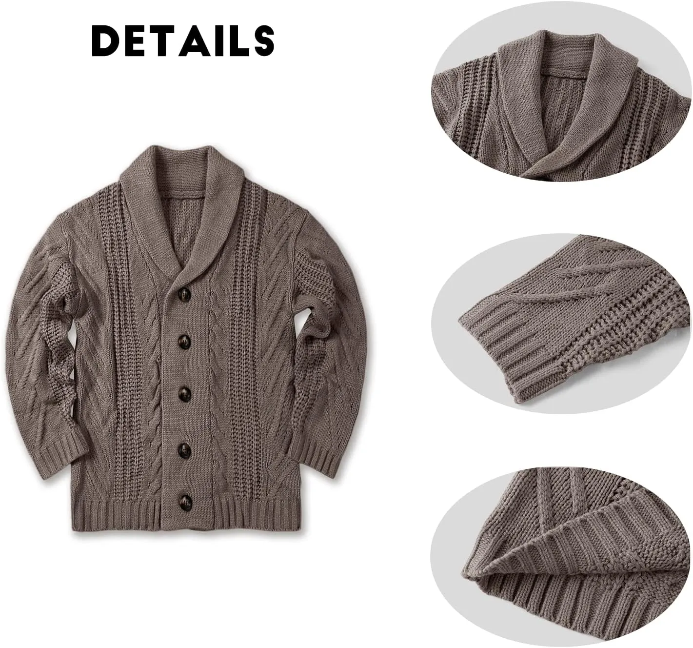 Mens Cable Knit Cardigan Sweater Shawl Collar Loose Fit Long Sleeve Casual Cardigans