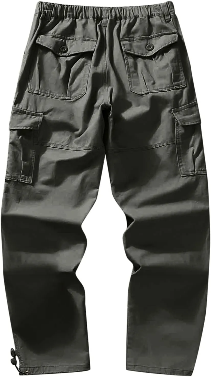 Mens Cargo Work Pants Elastic Waist Slim Fit Athletic Jogger Pants Drawstring Khaki Chinos Trousers Sweatpants