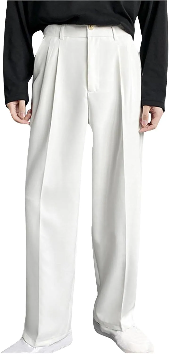 Men's Casual Business Pants Loose Pleated Dress Pants High Waisted Button Straight Wide Leg Suit Pants Work Trousers