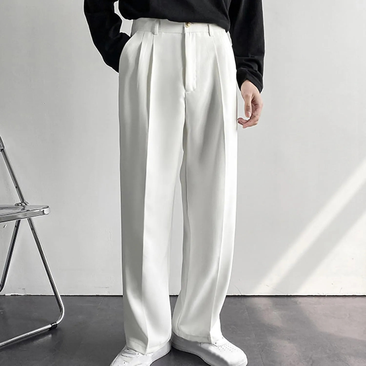 Men's Casual Business Pants Loose Pleated Dress Pants High Waisted Button Straight Wide Leg Suit Pants Work Trousers