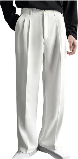 Men's Casual Business Pants Loose Pleated Dress Pants High Waisted Button Straight Wide Leg Suit Pants Work Trousers