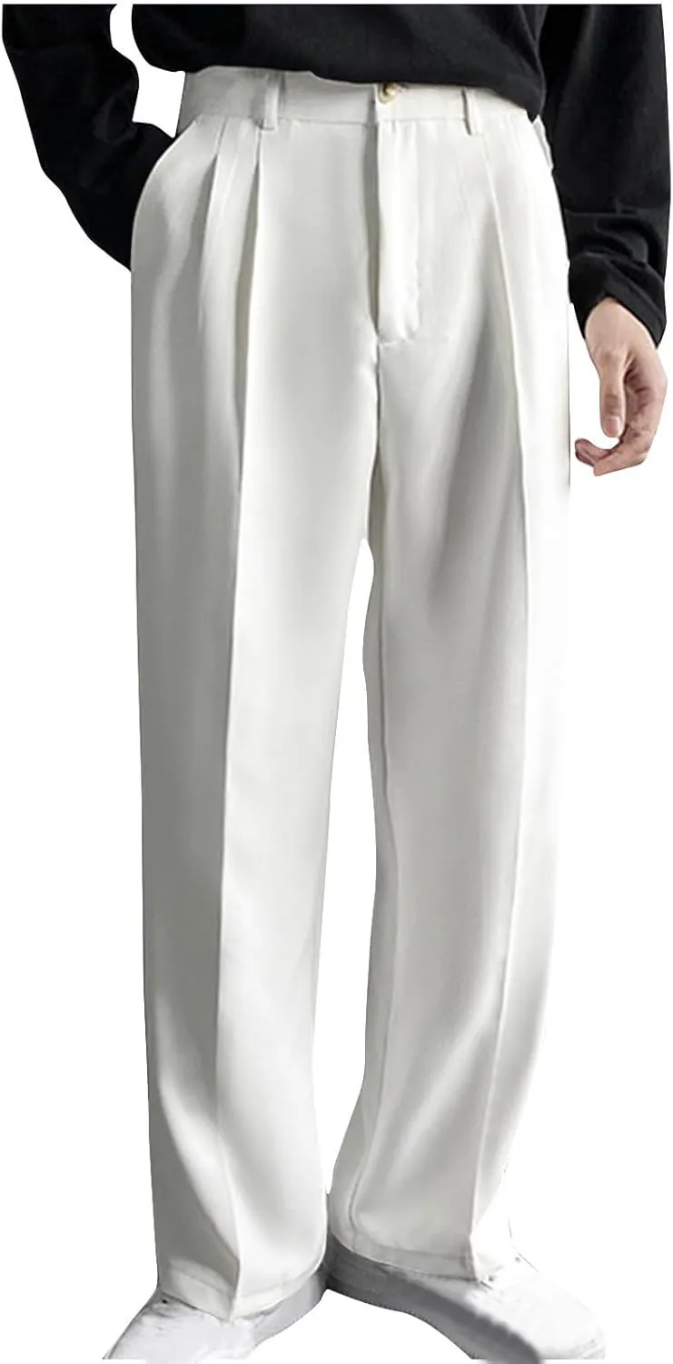 Men's Casual Business Pants Loose Pleated Dress Pants High Waisted Button Straight Wide Leg Suit Pants Work Trousers