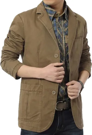 Men's Casual Three-Button Coat Lined Cotton Twill Suit Blazer Jacket Notch Lapel Vintage Jacket Sport Coat