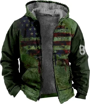 Mens Hoodies Zip Up Fleece Jacket Thick Retro Flag Print Hoodie Sherpa Lined Winter Coat Fall Fashion Hoodie