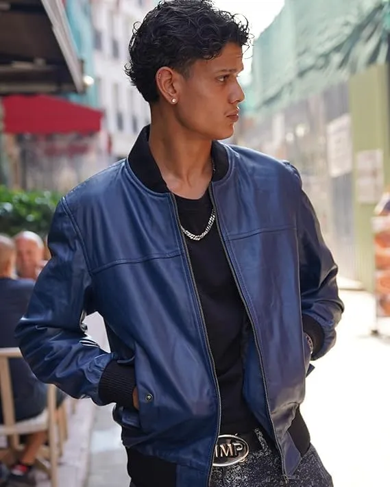 Men's Leather Varsity Jacket - Black Leather Bomber Jacket for Men