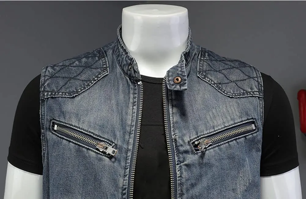 Mens Ripped Cowboy Punk Wings Embroidery Sleeveless Denim Vest Jackets