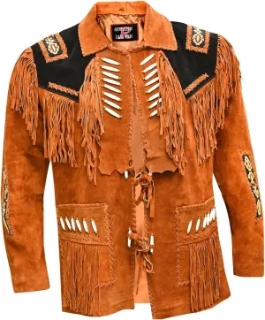 Men's Western Cowboy Leather Jacket with Fringed Native American Suede Beaded Traditional Leather Coat