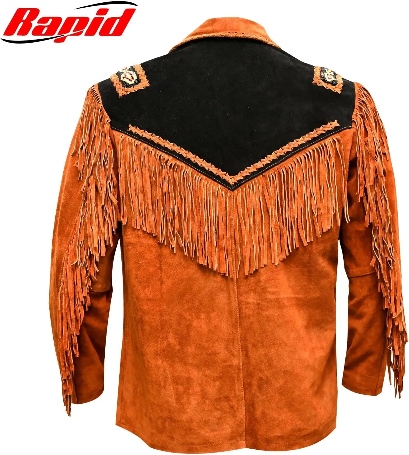 Men's Western Cowboy Leather Jacket with Fringed Native American Suede Beaded Traditional Leather Coat