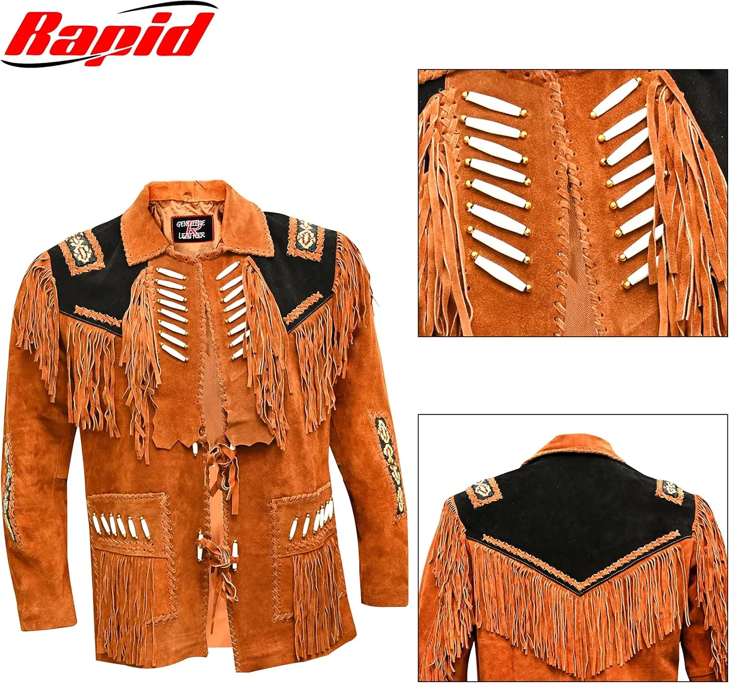 Men's Western Cowboy Leather Jacket with Fringed Native American Suede Beaded Traditional Leather Coat