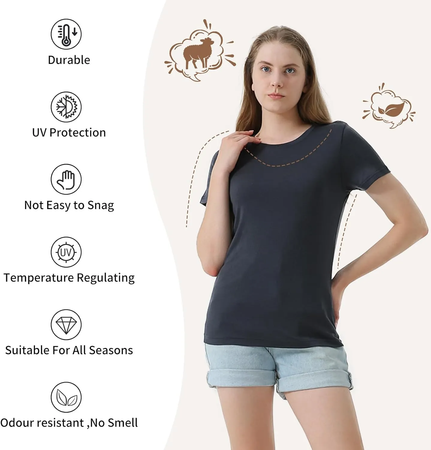 Merino Protect 100% Merino Wool T Shirts Women Crew Neck Tops Short Sleeve Odor Resistance Base Layer Travel Hiking Tee Shirt