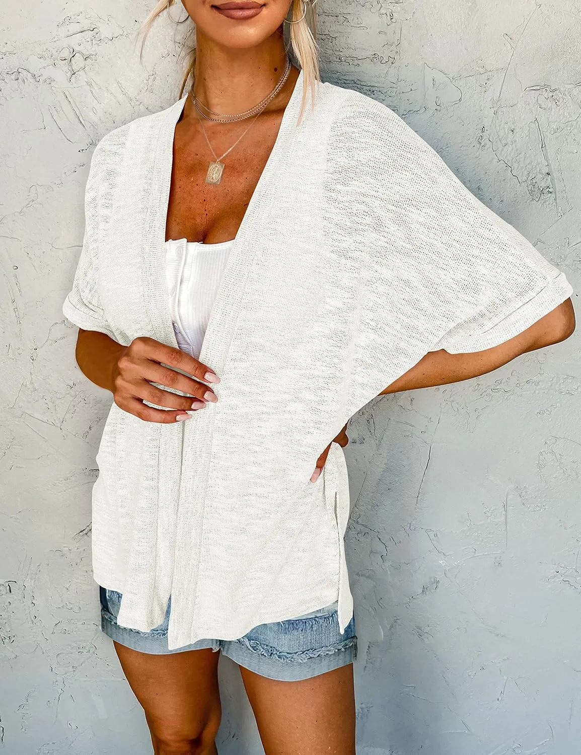 MEROKEETY Womens 2025 Summer Lightweight Cardigan Short Sleeve Open Front Casual Loose Cover Ups