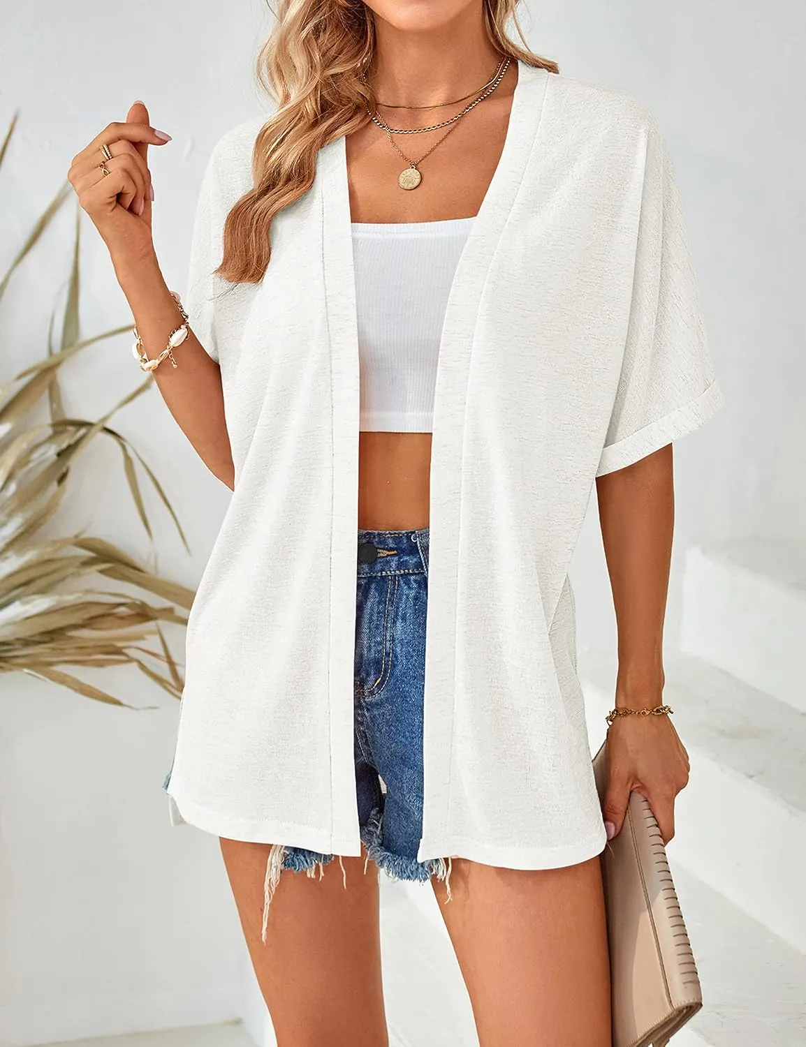 MEROKEETY Womens 2025 Summer Lightweight Cardigan Short Sleeve Open Front Casual Loose Cover Ups
