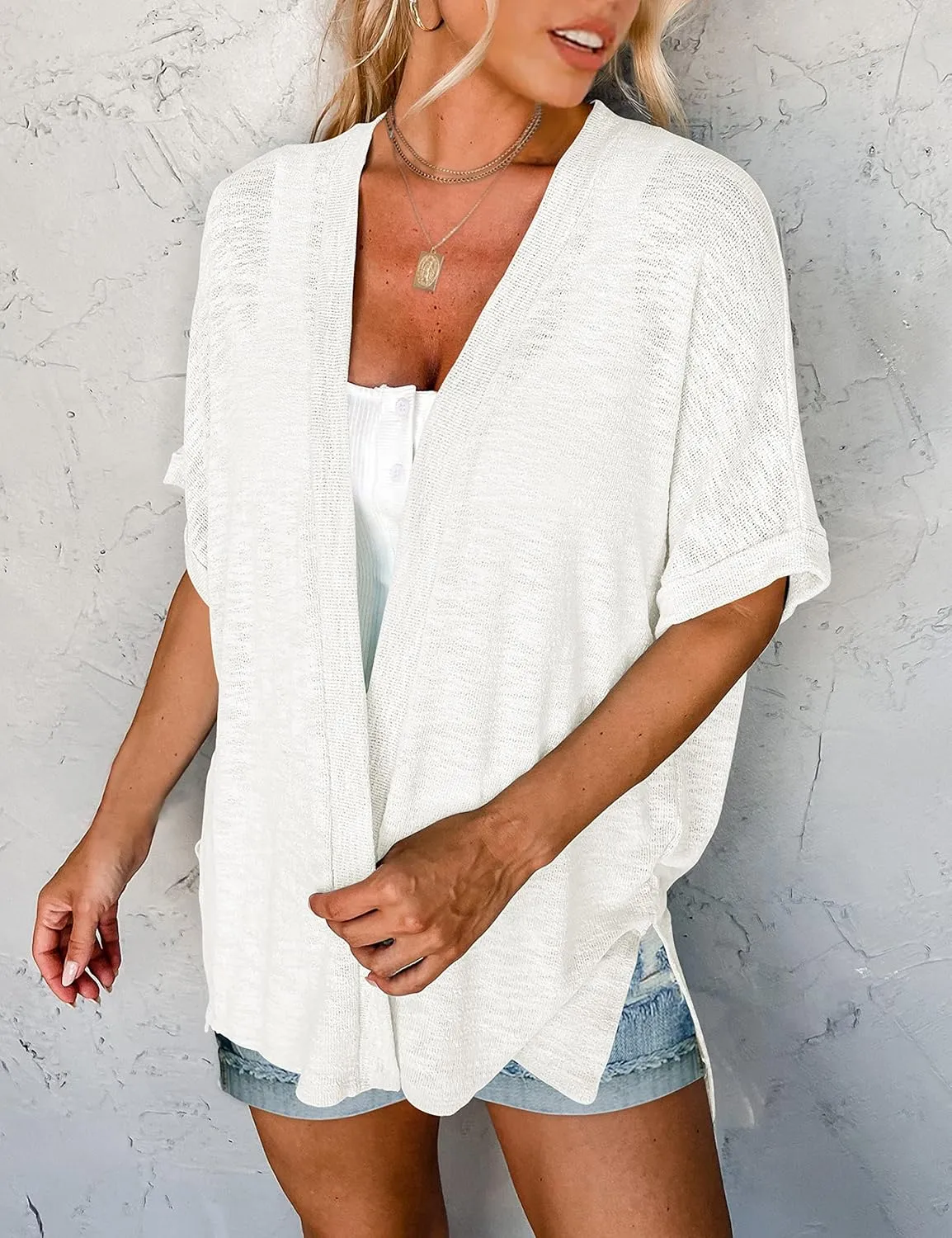 MEROKEETY Womens 2025 Summer Lightweight Cardigan Short Sleeve Open Front Casual Loose Cover Ups