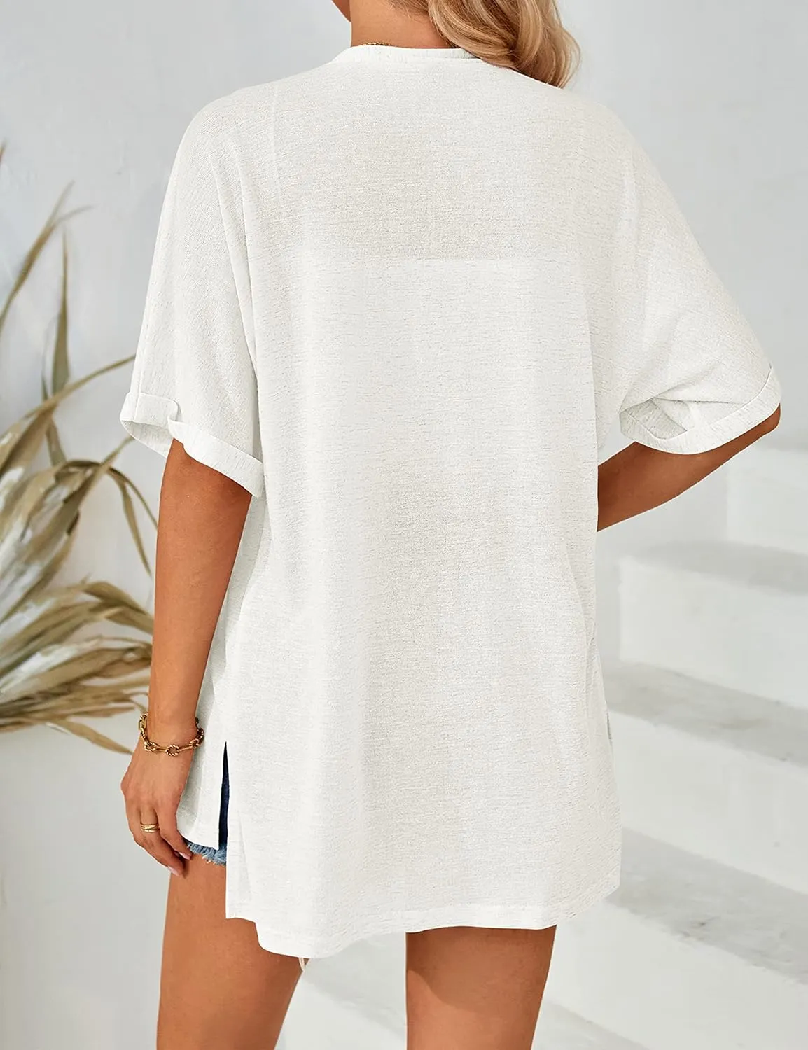 MEROKEETY Womens 2025 Summer Lightweight Cardigan Short Sleeve Open Front Casual Loose Cover Ups