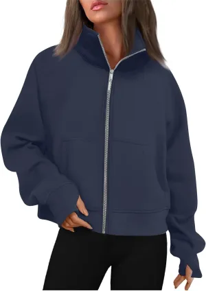 midelxp Womens Cropped Zip Up Hoodie Casual Fleece Stand Collar Sweatshirt Loose Quarter Zip Long Sleeve Pullover Sports Top