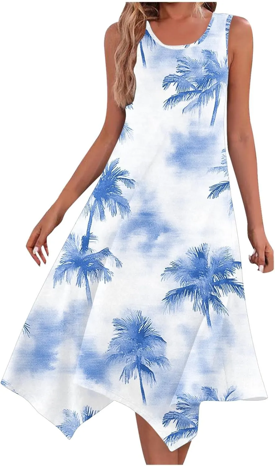 Midi Dress for Women 2025 Summer Beach Vacation Sundresses Coconut Tree Printed Round Neck Sleeveless Tank Dress