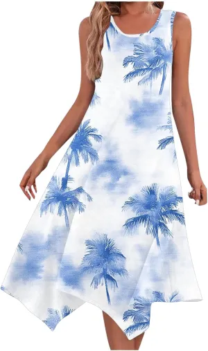 Midi Dress for Women 2025 Summer Beach Vacation Sundresses Coconut Tree Printed Round Neck Sleeveless Tank Dress