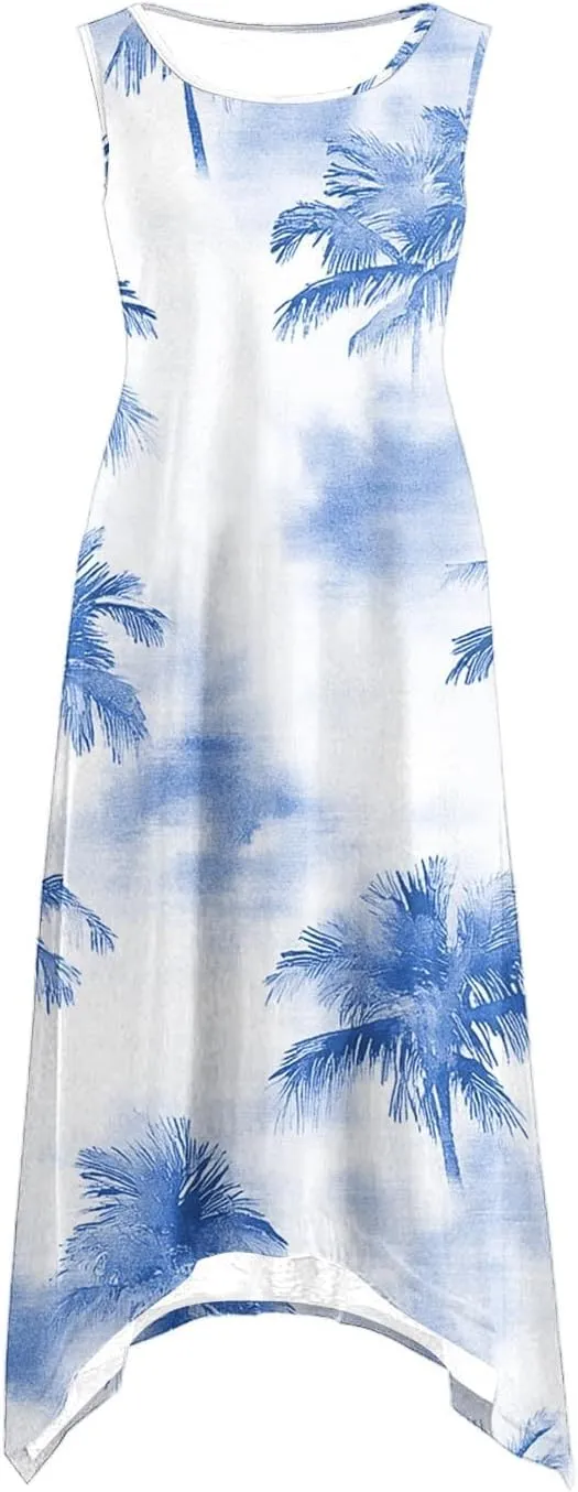 Midi Dress for Women 2025 Summer Beach Vacation Sundresses Coconut Tree Printed Round Neck Sleeveless Tank Dress