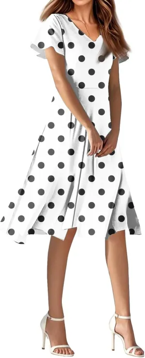 Midi Dresses for Women 2025 Summer Vacation V Neck Short Sleeve Knee Length Boho Dresses Beach Fashion Clothes