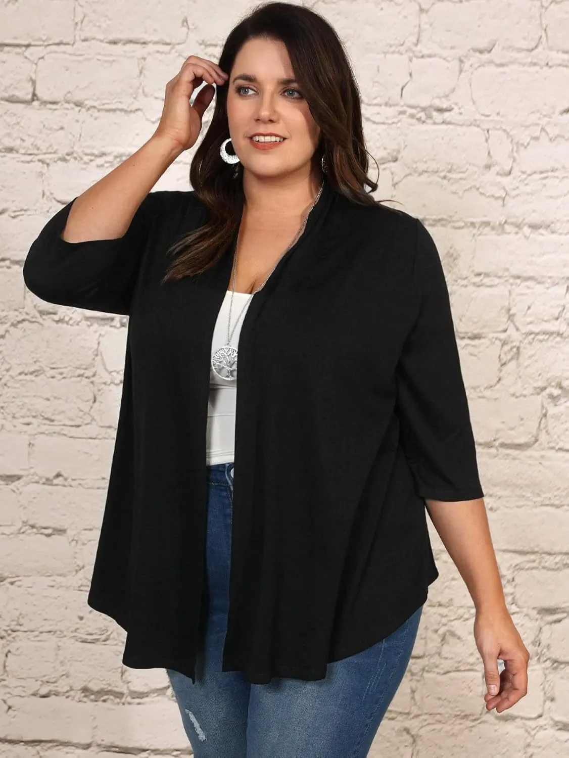 Milumia Women's Plus Size Casual Drape Open Front Cardigans Basic 3/4 Sleeve Coat