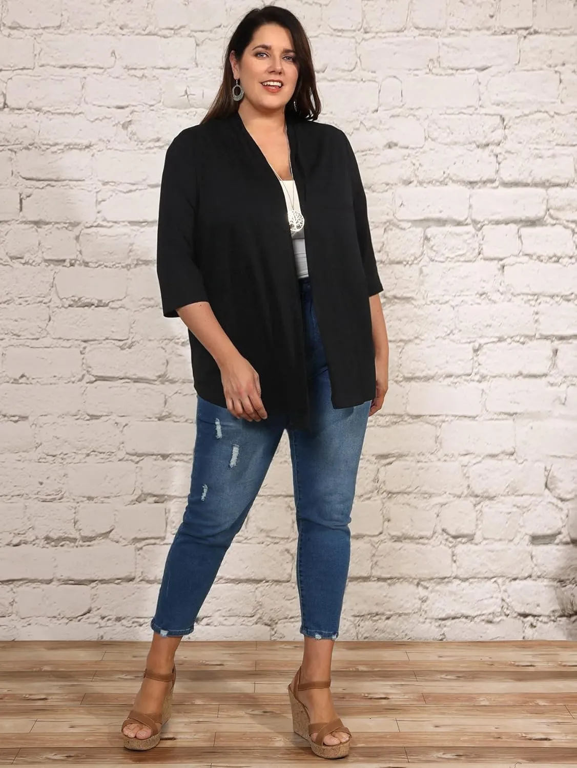 Milumia Women's Plus Size Casual Drape Open Front Cardigans Basic 3/4 Sleeve Coat