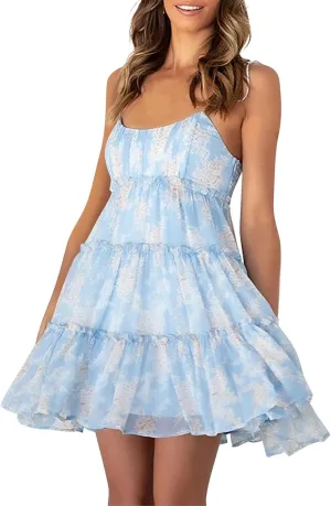 Mini Dresses for Women 2025 Casual Summer Flowy Cami Ditsy Floral Dress Chiffon Tiered Ruffle Beach Sundress